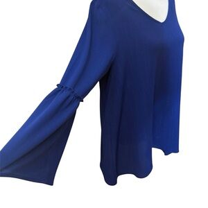 Quintessential Blouse V-Neck Royal Blue M Bell Sleeve Sparkle Sheer Women’s Top